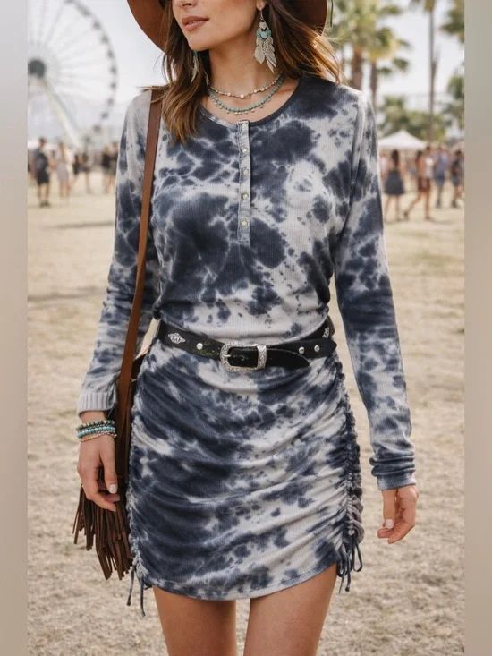 Tie Dye Henley Mini Dress Ruched Ribbed Thermal Top Bodycon Tunic Boho Festival - Picture 1 of 13